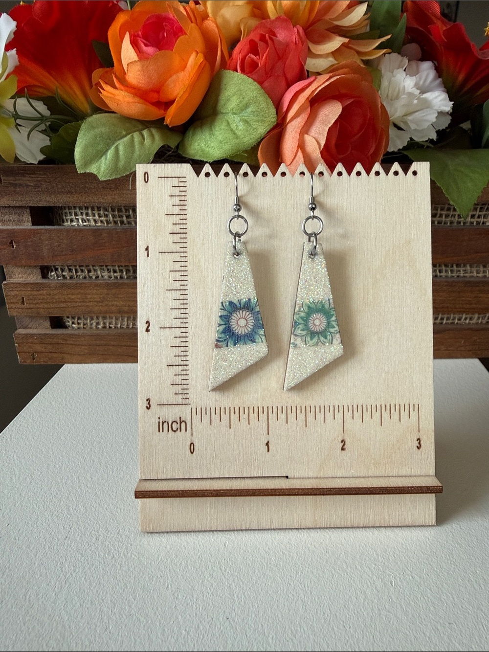 2 for $15! Handmade Cream and Teal Floral Resin Drop Earrings